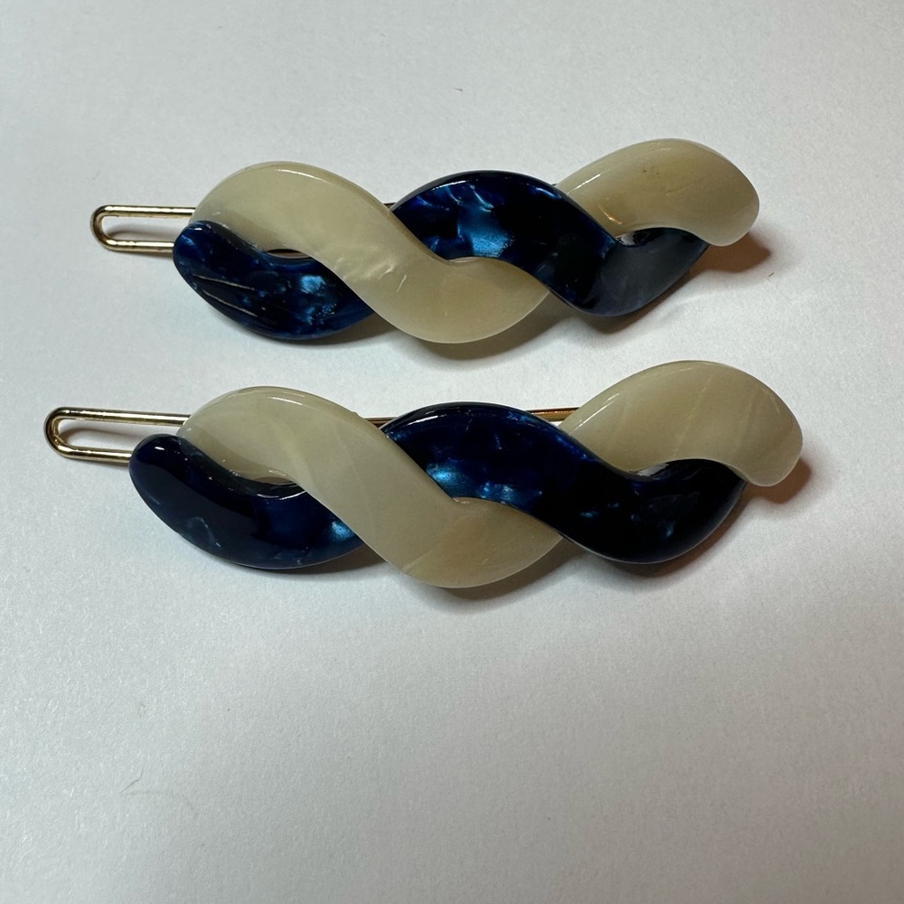 Elegant Blue and Cream Hair Clips Pair of 2 acrylic
